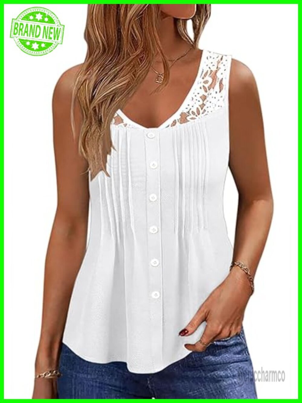 Womens Tank Top Dressy Casual Lace Sleeveless V Neck Pleated Front Buttons